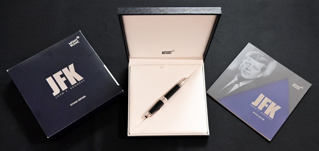 Montblanc J.F.K. Special Edition Fountain Pen: Montblanc "Great Characters" John F. Kennedy Limited Edition Fountain Pen. Very good condition with original box, 14K white gold-plated nib.