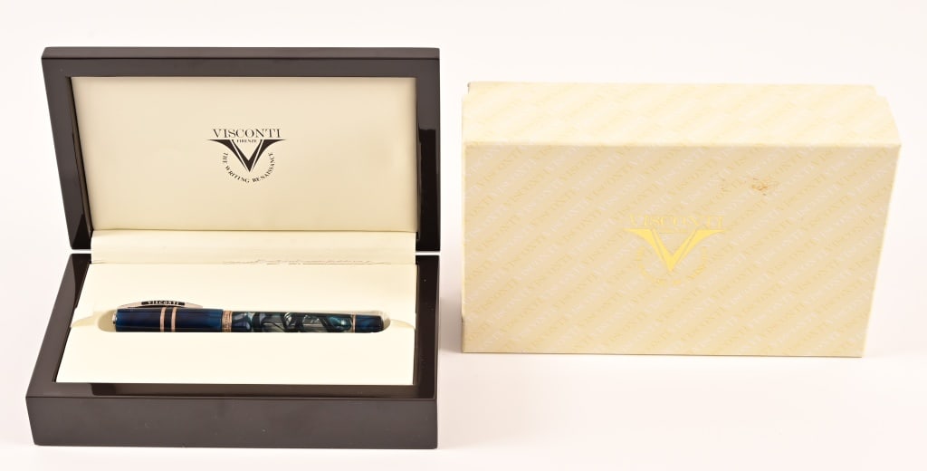 Visconti Homo Sapiens Limited Edition Fountain Pen: Visconti Firenze Homo Sapiens Limited Edition Crystal Swirl Fountain Pen. Excellent condition in original box. Limited no. 0119/1000. Features 23K white gold plated palladium dream touch nib.