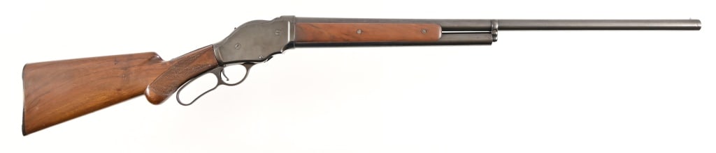 Winchester M1887 Lever Action 10GA Shotgun: S/N 53202. Older re-blue, checkered wood stock, 30" barrel.