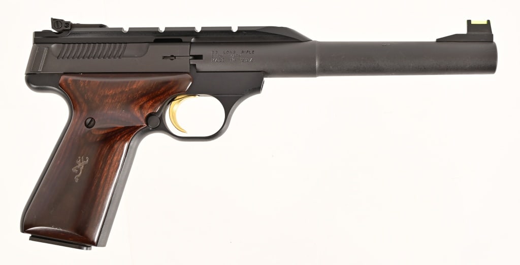 Browning Buck Mark Semi-Auto .22LR: S/N 515ZY26865. 7" barrel, good bore. Nice condition. Adjustable rear sight, fiber front. Come with five magazines. Modern.