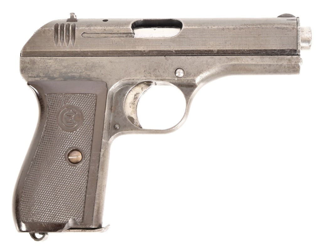 CZ Model 27 Semi-Auto Pistol 7.65mm: S/N 242122. During World War II, the Ceská Zbrojovka factory operated under the name Böhmische Waffenfabrik AG in Prag (Bohemian Weapon Factory Ltd. in Prague). Contemporary leather flap holster. Mo