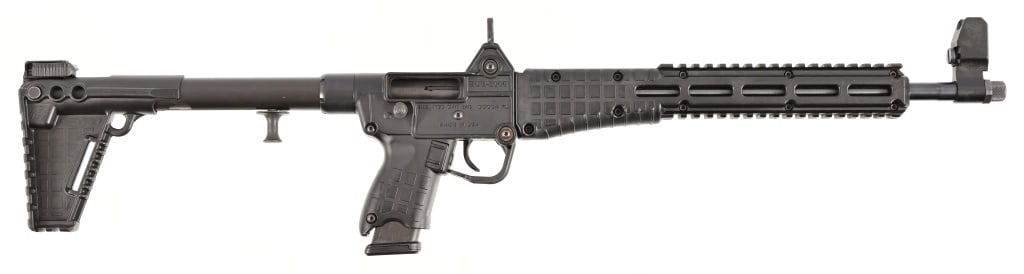 KelTec Sub-2000 Semi-Auto 9mm Carbine: S/N FX637. Folding semi-auto carbine, threaded 14" barrel. Utilizes Glock 19/23 magazines. Modern