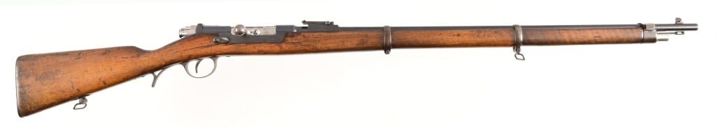 1886 Steyr Kropatschek Rifle 8x60R Cal.: SN PP808. 32.5" barrel, bore is dark. Working action, solid wood with faint cartouche. High degree of bluing on metal, likely refurbished at some point. Antique.