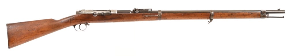 Spandau Arsenal Model 71/84 Bolt Action Rifle: Military style rifle, 31 3/4" barrel. Serial 6256. Marked 1888 on rear of bolt housing. Early Mauser bolt action, Tube magazine, fired a 11.4MM black powder cartridge Antique.