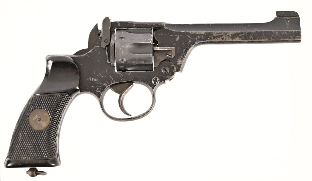 Webley Mark IV Top-Break .38 S&W Revolver: S/N 9352. Black parkerized, 5" barrel. Modern