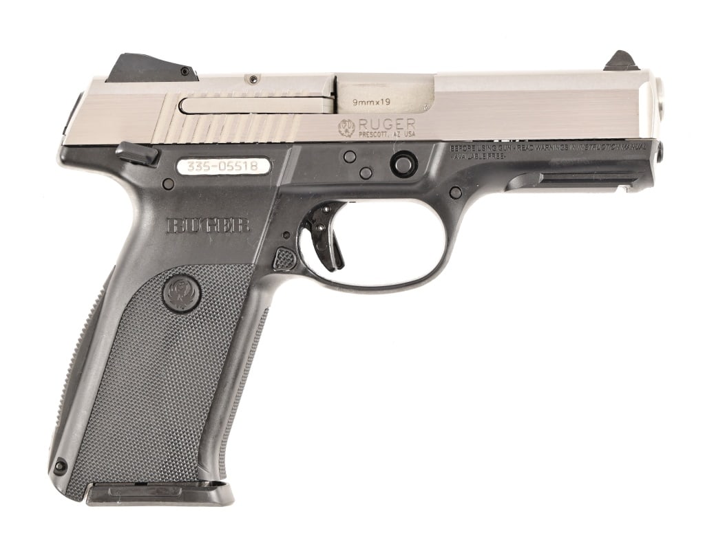 Ruger SR9 Semi-Auto 9mm: S/N 335-05518. 4" barrel, good bore. Stainless slide, polymer frame. Nice condition. Comes with extra mag and nylon holster. Modern.