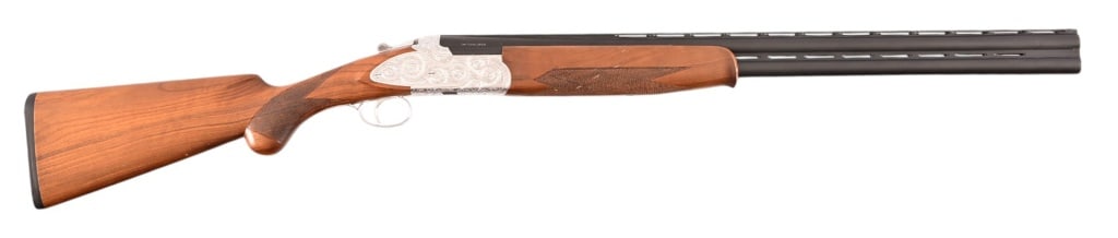 Engraved Huglu 103-F Over-Under 12 Gauge Shotgun: S/N 01S14174. Engraved Huglu Model 103-F Over/Under 12 Gauge shotgun, 3" chamber, 27" ribbed barrels. Very good condition, with slight handling marks. Modern.