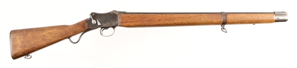 Greener Martini Mark III Rifle Conversion: S/N 42738. Full length stock, 26" barrel. Converted to shotgun, approximately 16 GA. Antique.