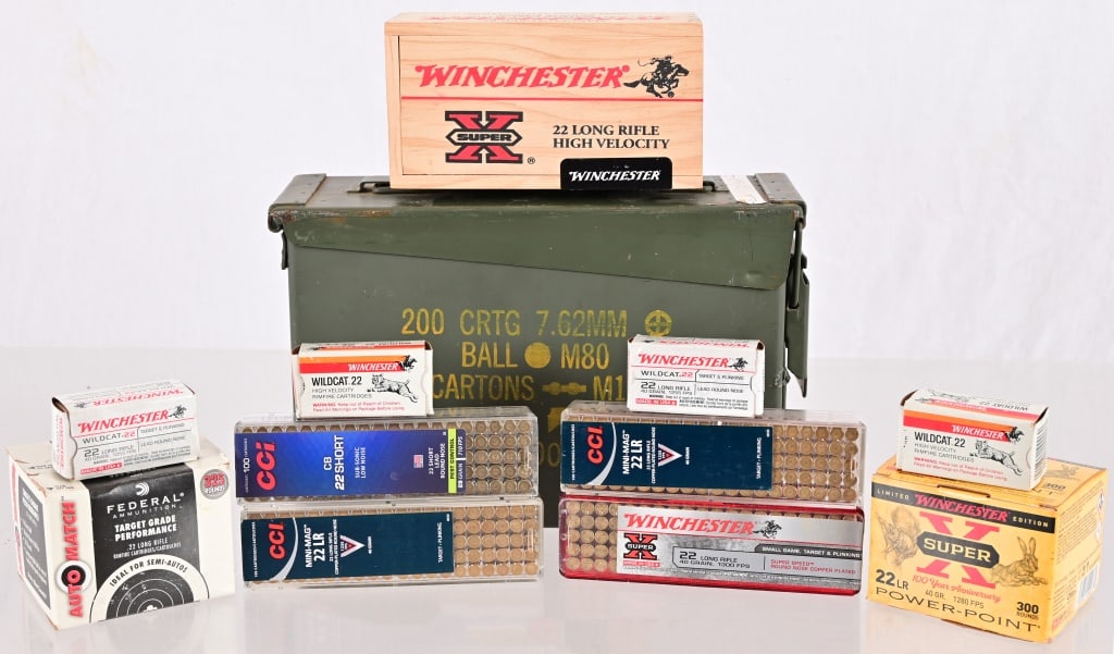 1,725 Rounds 22 Ammo: 1,625 rounds of 22LR Winchester, CCI & Federal. 100 rounds 22 Short CCI.