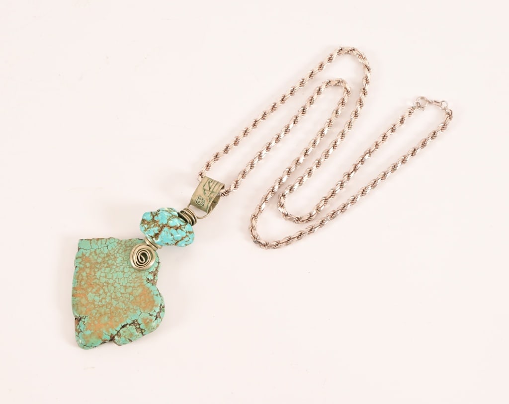 Sterling Silver & Turquoise Pendant Necklace: Pendant 2" x 3.75". Italian marked sterling 24" chain.