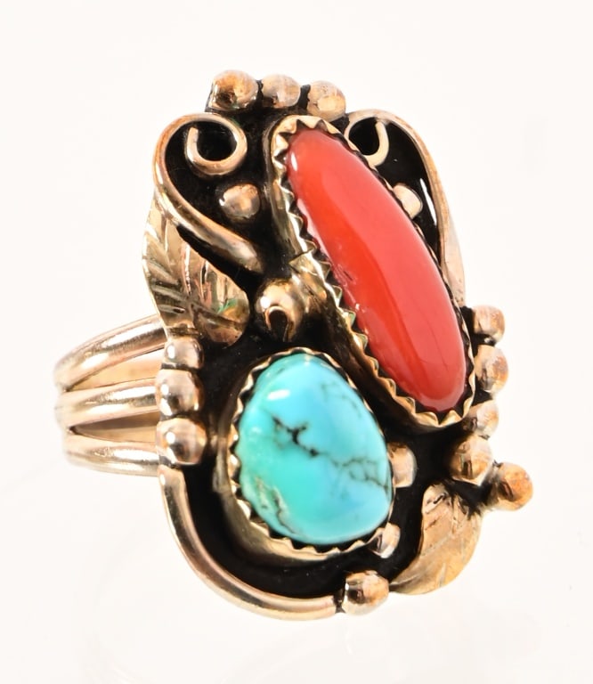 Sterling 14K Gold Turquoise & Coral Ring: Sterling 14K Gold Turquoise & Coral Ring