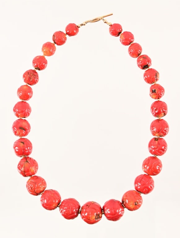 Carved Red Coral Bead Necklace: Measures 21.5" in length