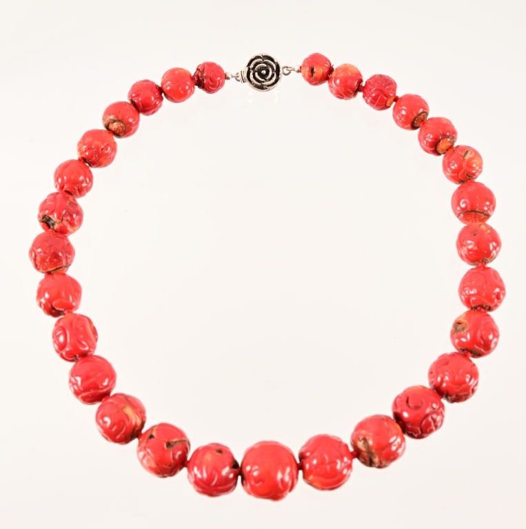Sterling Silver & Carved Red Coral Bead Necklace: Measures 22" in length