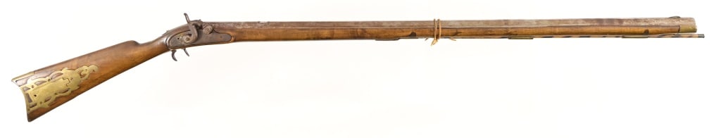 Black Powder Kentucky Rifle: Missing trigger guard and rear sight, double set triggers. 36 1/4"barrel. Black powder.