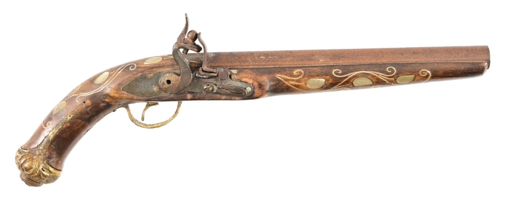 Inlaid Black Powder Flintlock Pistol: 9 3/4" barrel. Nicely inlaid, working lock. Antique.