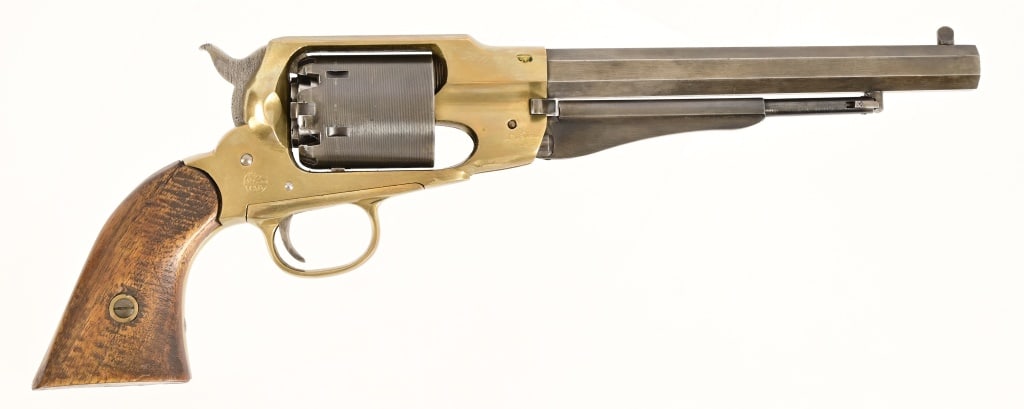 Connecticut Valley Arms Remington 1858 Revolver: CVA black powder revolver, 8" barrel. .44 Caliber, brass frame. Black Powder.