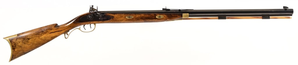 Mowrey Olney, Texas .54 Black Powder Rifle: Heavy octagon barrel, muzzle load, hammer does not lock back, double set triggers are functional, 32" barrel. Serial 5126.