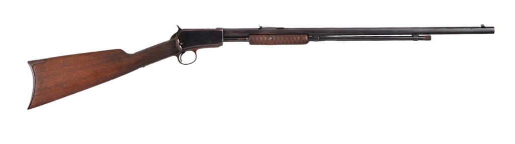 Winchester Model 90 Pump Action .22 Short: SN 105042, Made in 1901. 24" barrel, dark bore. Working action. Barrel and receiver have been re-blued at some time. Wood is solid with handling marks and nicks. Modern