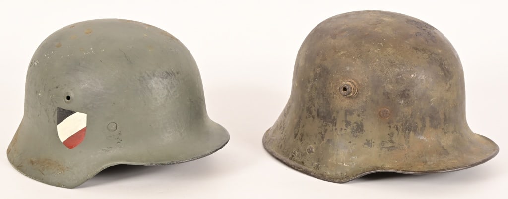 Pair of German Military Helmets c. WWI-WW2: WW1 German Stahlhelm M16/M17 helmet without liner; WW2 German M42