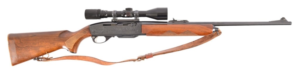 Remington 742 Woodmaster .30-06 Rifle: SN 79119. Earlier model 742 with 22" barrel, decent bore, Overall nice condition with factory engraved receiver, checkered stock. Bushnell 3x9 scope, leather sling. Modern.