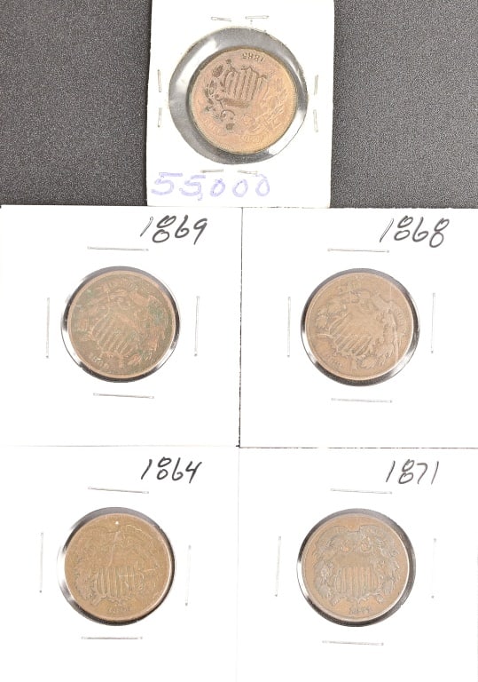 (5) U.S. Two Cent Piece c.1860's: 1864, 1865, 1868, 1869, 1871