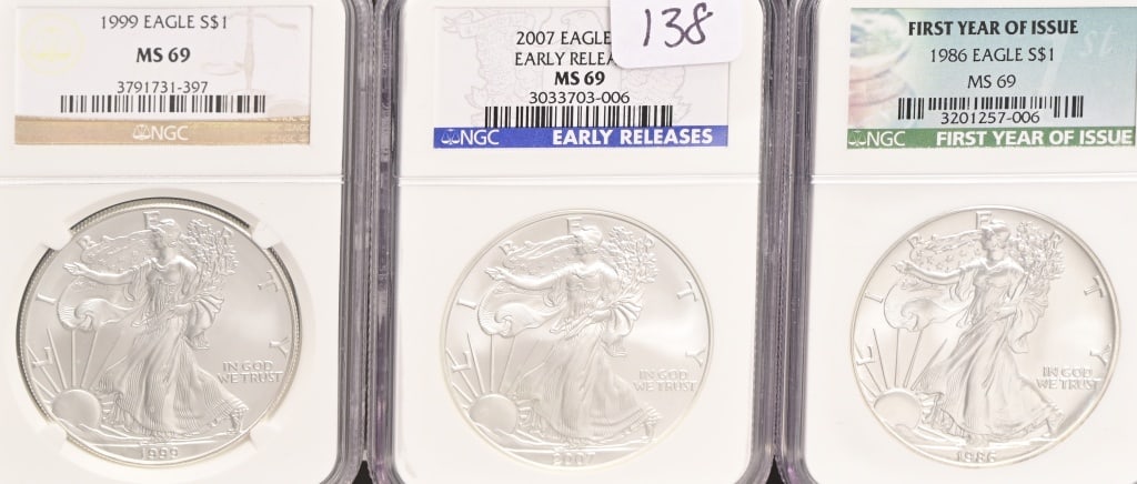 Collection (3) Silver American Eagles NGC Graded: 1986 First Year Issue NGC MS69; 2007 Early Releases NGC MS69; 1999 NGC MS69
