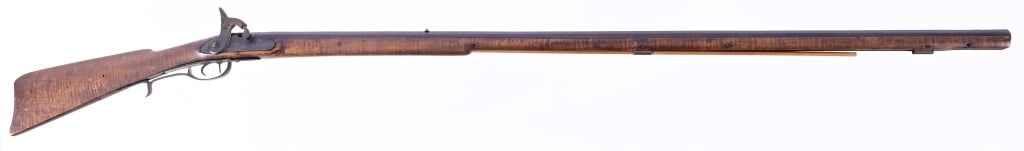 Full Stock Percussion Rifle: 46" barrel, .40 cal. . Non working condition action. Figured stock, double set triggers.