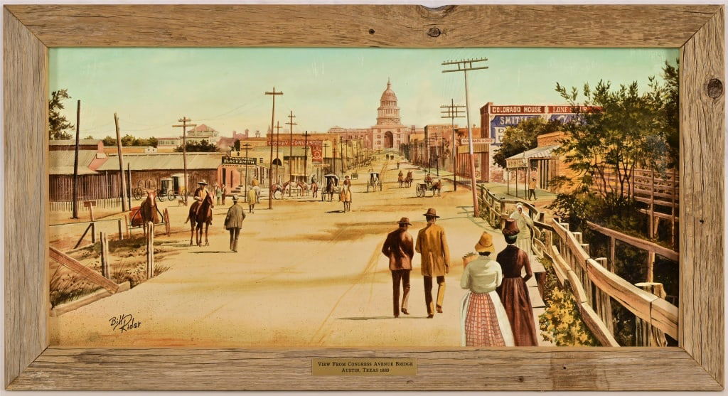 Austin Texas Original Painting by Bill Rider: "View from Congress Avenue Bridge, Austin Texas, 1889". Original oil on canvas by Bill Rider. Framed 14.5" x 27" From the collection of the late Moody Anderson.