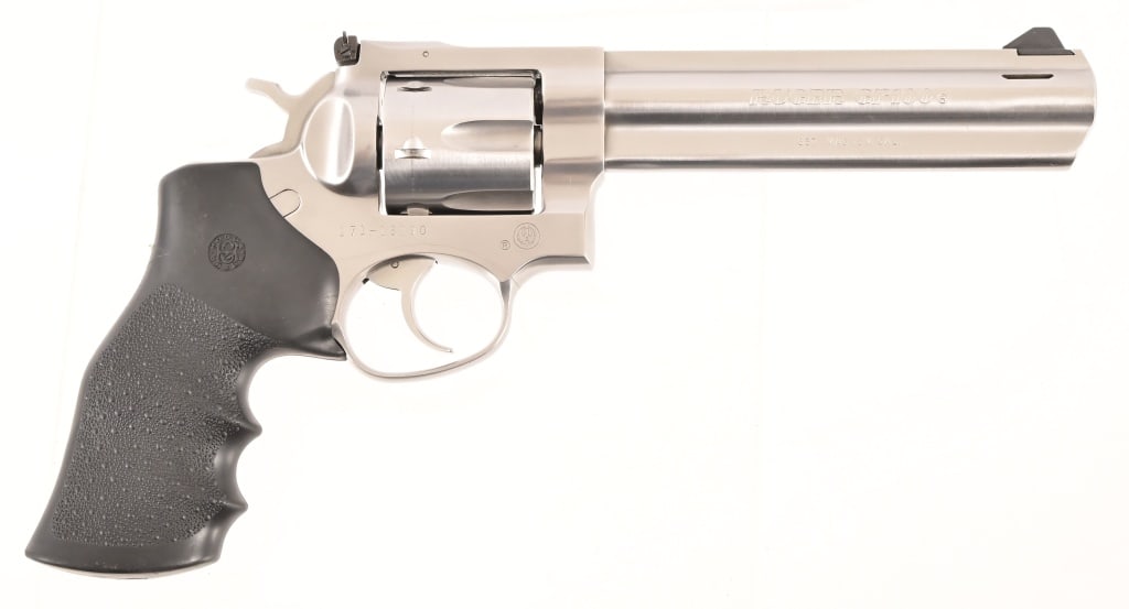 Ruger GP100 .357 Magnum Revolver: S/N 171-16190. Stainless finish, 6" barrel, Hogue rubber grips. Excellent condition. Modern