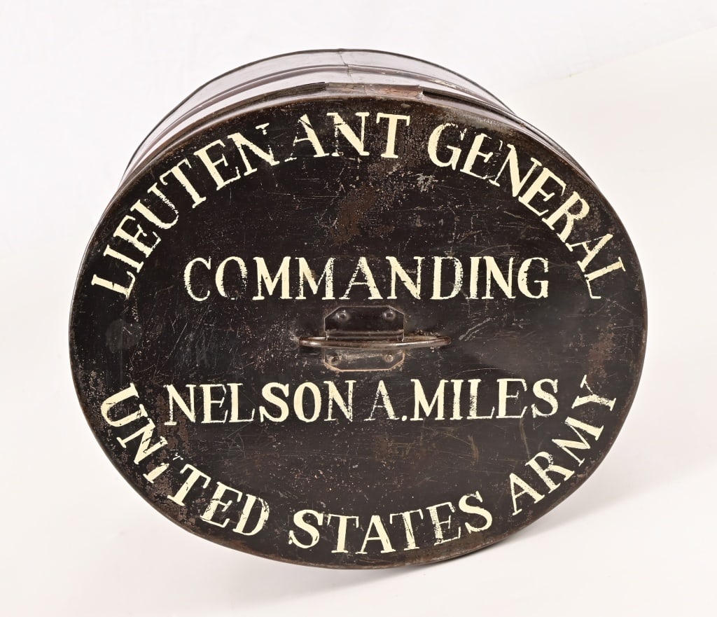 Lt. Gen. Nelson Miles' Tin Hat Box: 11" x 12" x 14.5". From the Applewhite-Clark Collection.