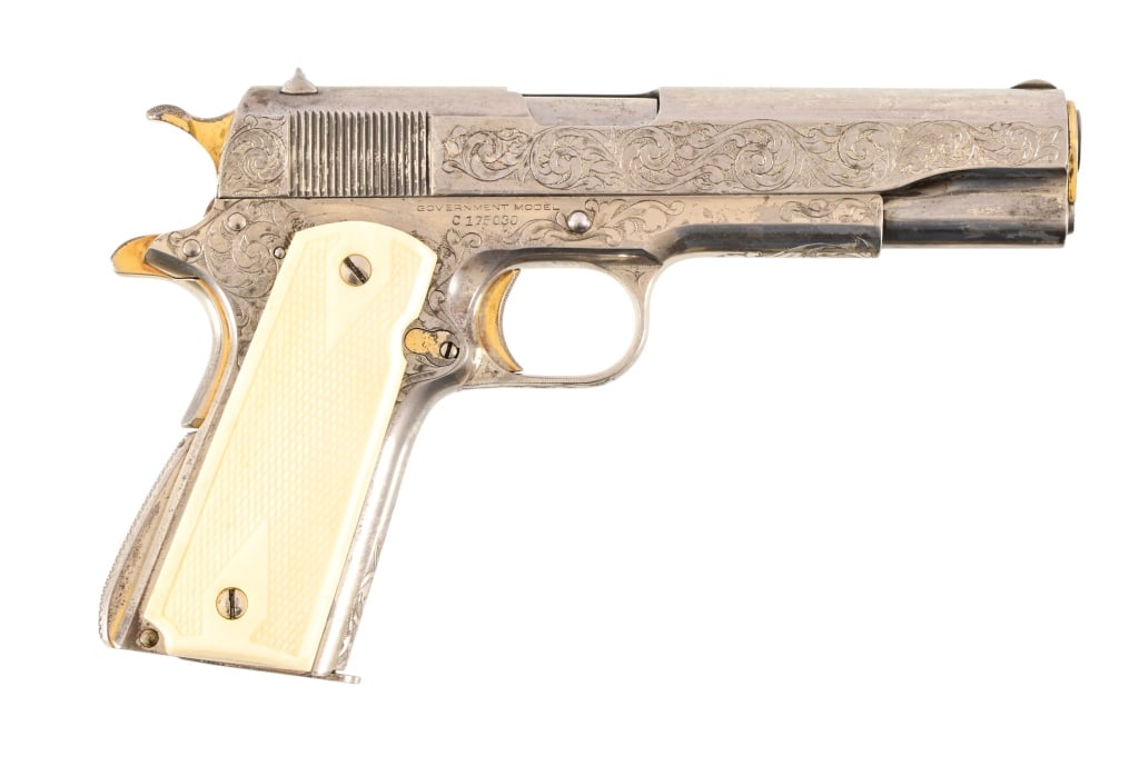 Cole Agee Engraved Colt Government 1911: S/N C175030, factory letter notes shipment July 12, 1934, to Janney, Semple, Hill & Co., Minnesota. Scroll engraved by Cole Agee, to magazine butt included. Provenance includes letter from Master Engr