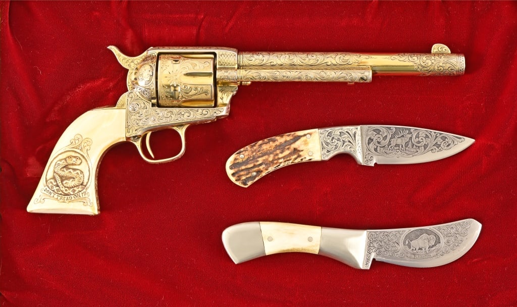 Bill Lister Owned Engraved Colt SAA: S/N 12844, Factory letter notes manufactured by Colt in 1874, shipped to Spies Kissam & Company, New York. Finely scroll engraved, gold plated finish with Indian and buffalo scenes. Hand carved grips