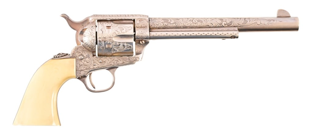 Frank Hendricks Engraved Texas Ranger Colt SAA: S/N 15TR. Early Pre-production Colt Texas Ranger Commemorative Colt Single Action Army .45 LC Revolver. Silver-Plated, finely engraved and signed by Frank E. Hendricks. Charles Schreiner III and Rober