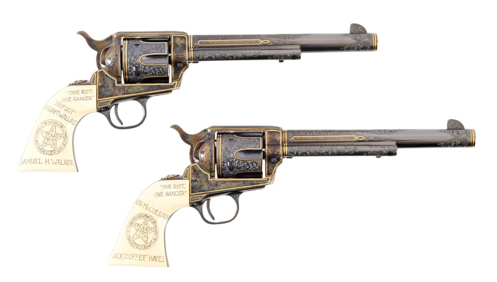 Hendricks Engraved Texas Ranger Colt SAA Pair: Serial numbered 120T, 121T. Presentation cased, consecutive serial Texas Ranger Commemorative pair of Frank Hendricks full scroll engraved Colt Single Action Army .45 LC Revolvers. Includes acrylic en