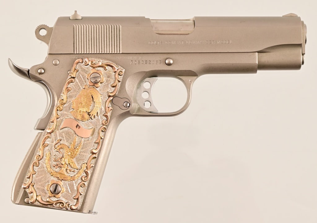 Joaquin Jackson's Colt Combat Commander 1911: S/N 70SC82055. Famed Texas Ranger Joaquin Jackson's Colt Combat Commander 1911 Semi-Auto .45 ACP with his custom Mexican gold & silver grips. 4.5" barrel. Modern.