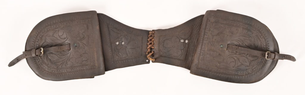 F.A. Meanea, Cheyenne Marked Saddle/Pommel Bags: Floral Tooled