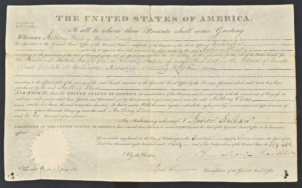 Andrew Jackson Signed Land Grant c.1830: Fifty three acres to Anthony Glass,Warren County Mississippi, dated November 2, 1830, signed by Andrew Jackson lower right. Document measures 9.5" x 15.75"