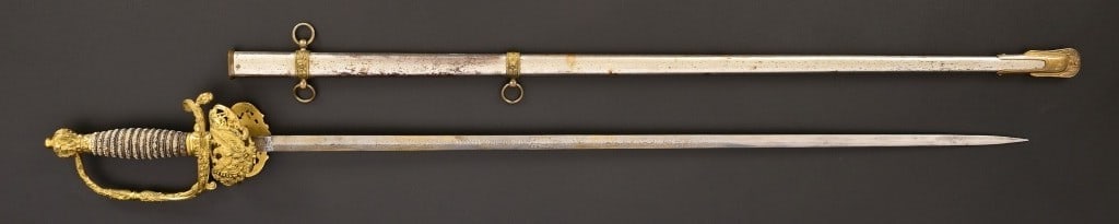 Captain E.D. Clark, Presentation Sword & Scabbard: M.C. Lilley & Co. Columbus Ohio, US Presentation Sword, Presented to "Capt. Ed. W. Clark". Blade measures 30.5", overall length 37".