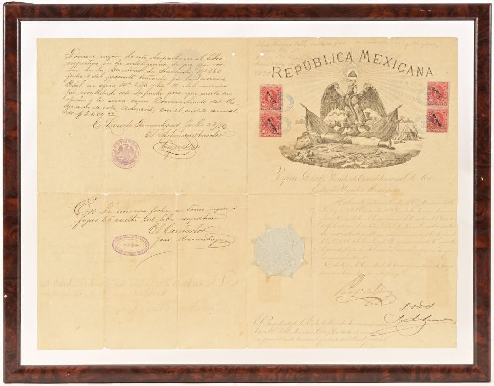 Porfirio Diaz Republica Mexicana Signed Document: Mexican Republic document signed by Porfirio Diaz. Has date stamps from May thru August 1891. Double sided framed so you can see both sides. Multiple officials signatures on this document. Frame measu