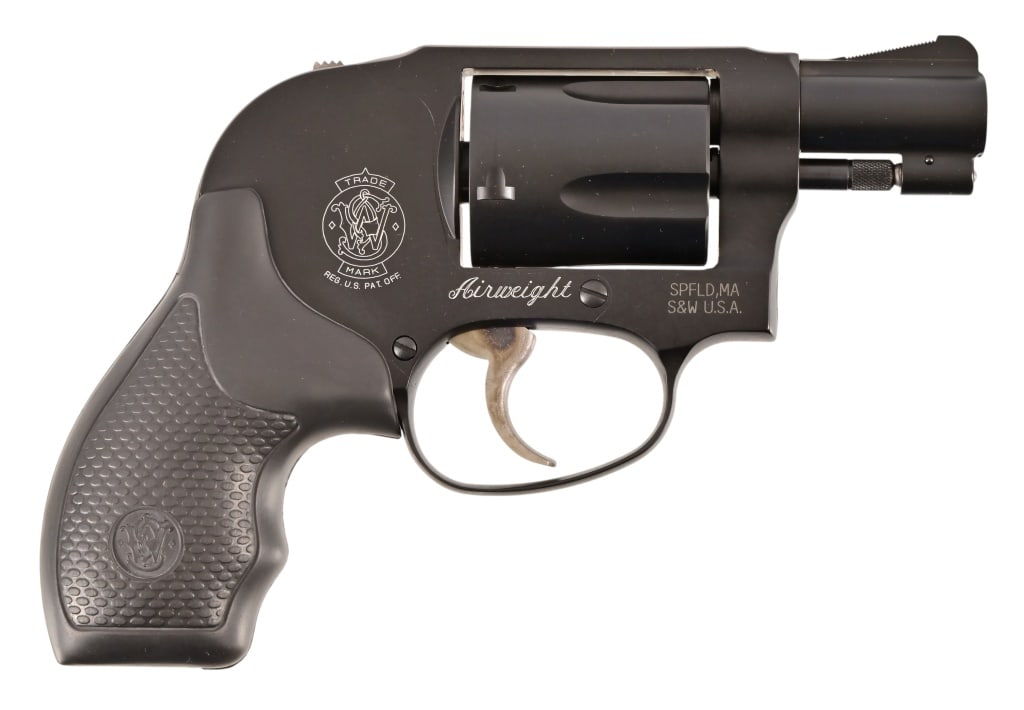 S&W M438 Airweight Revolver .38 Special +P: S/N DDC9421. Excellent condition in original box. Satin black finish, S&W rubber grips, 1 7/8" barrel. Modern
