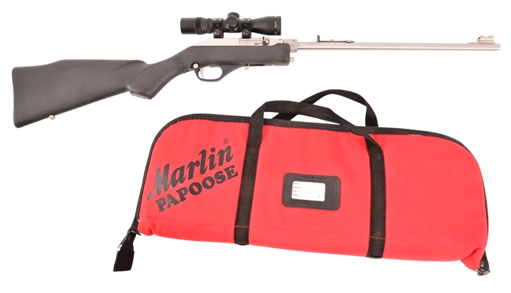Marlin 70PSS Papoose Take-Down Semi-Auto .22LR: S/N 052677628. Excellent condition in original soft take-down travel case. Simmons 4x28 scope, 16" barrel. Modern