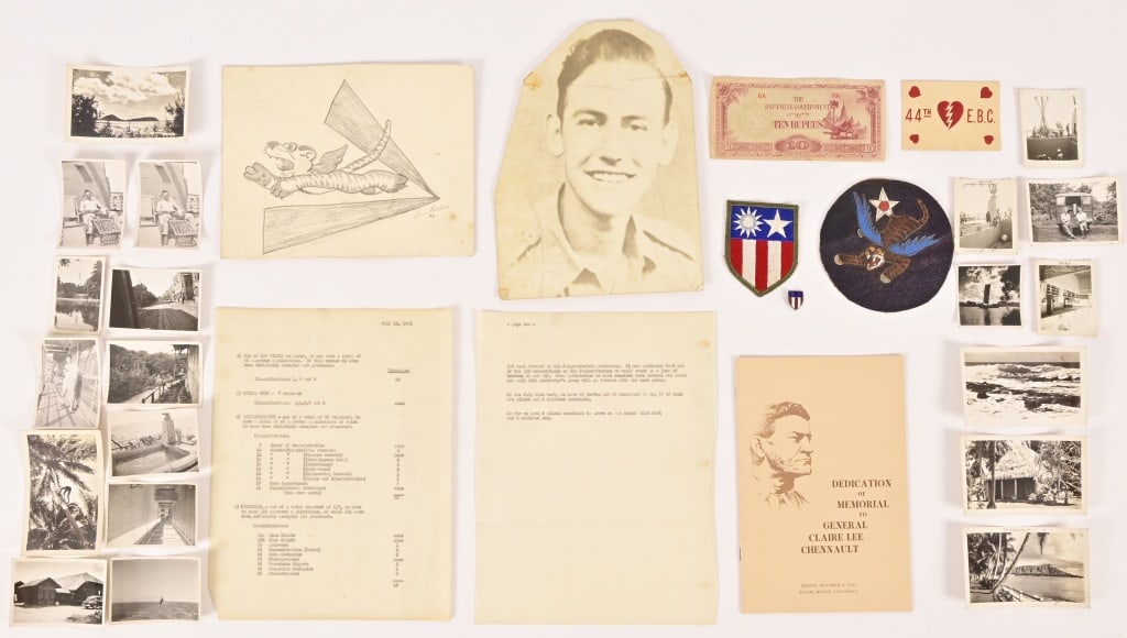 WWII Flying Tigers, China Burma India Memorabilia: Flying Tigers (Fourteenth Air Force American Volunteer Group) leather patch, 4.75" diameter; Flying Tigers Lapel pin; China Burma India Theater shoulder patch, 2.5x3.5. Also includes Claire Lee Chenna