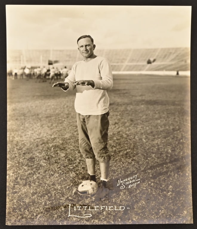 Coach Clyde Stubblefield, University of Texas 1927: 1927 University studio photograph of new University of Texas Longhorns head coach Clyde Littlefield on the field. Silver gelatin print, University Studio, University of Texas, Austin. 7 5/8" x 9"