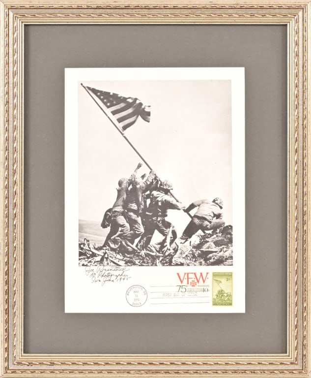Joe Rosenthal Signed Flag Raising Iwo Jima Photo: Signed and dated by photographer Joe Rosenthal 1945. Also includes Iwo Jima 3 cent stamp, 10 cent VFW stamp, and First Day of Issue postmark commemorating the 75th anniversary of the Veterans of Forei