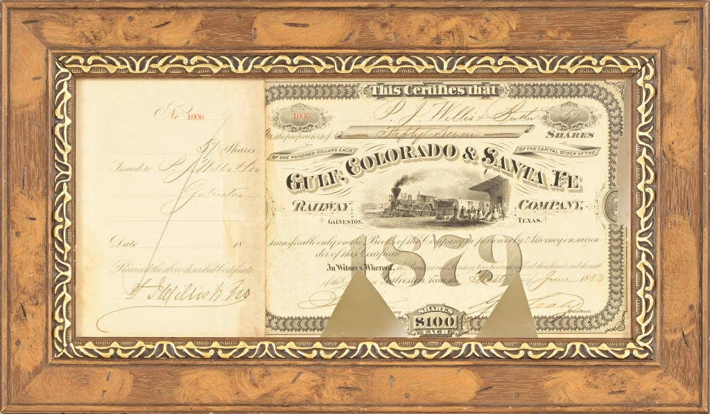 Gulf, Colorado and Santa Fe Railroad Certificate (1 of 9)
