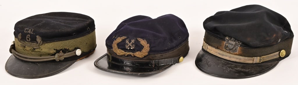 (3) Antique US Military Kepis Post Civil War: Spanish American War, Post Civil War era. From the Applewhite-Clark Collection.