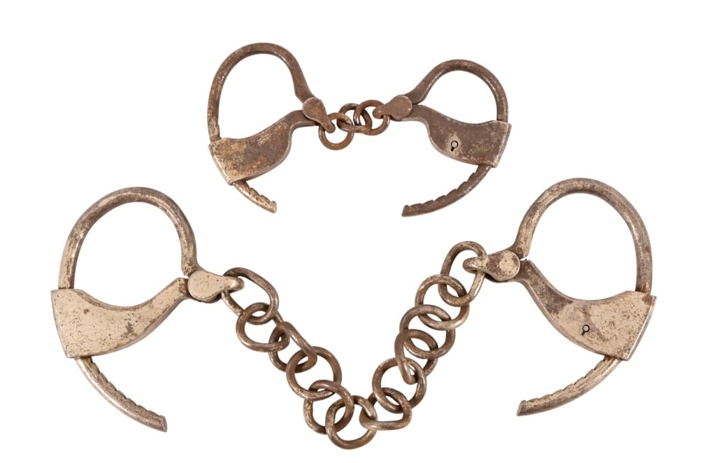 Antique Handcuffs & Leg Shackles: Only markings are "C.S.P." with inventory number "15".