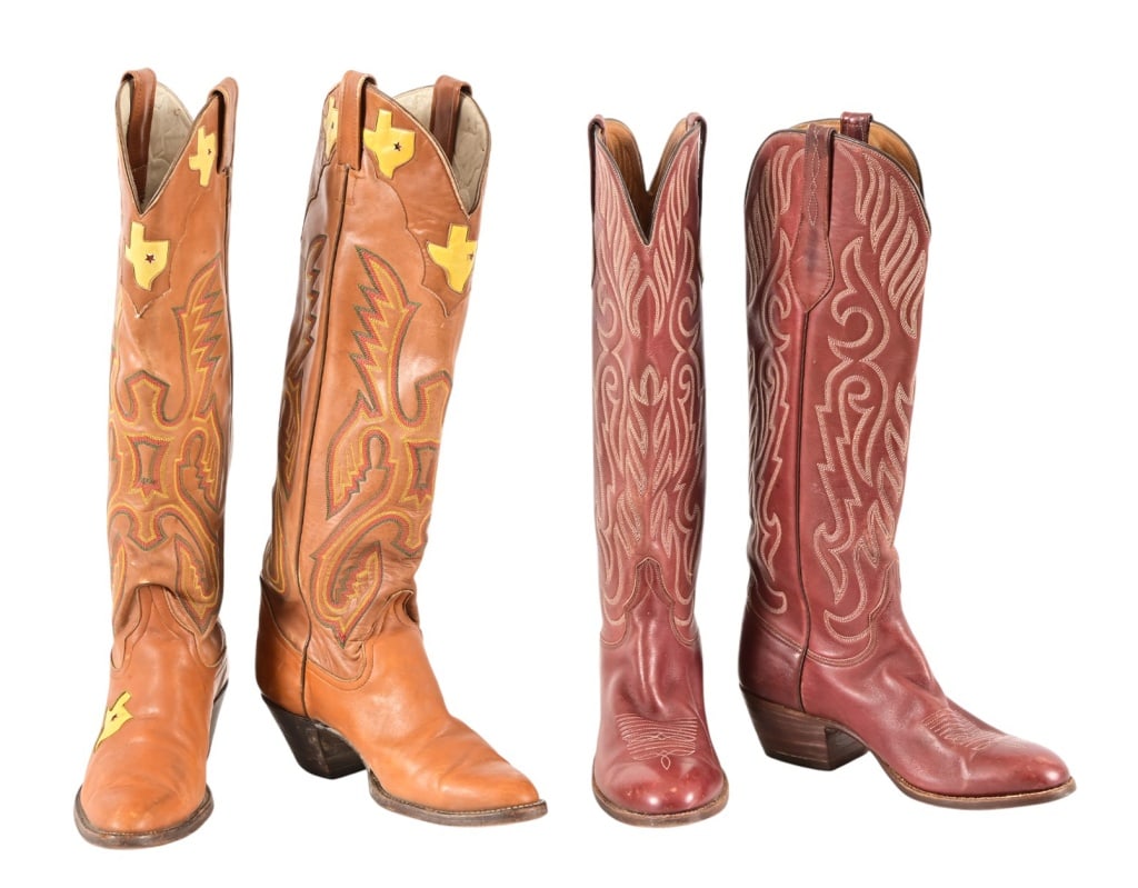 2 Pair Women's Leather Cowboy Boots: Size B8 L348 D112374 yellow red stitching with Texas state outline and star emblem. Lucchese Size 7 1/2 B with white stitching.