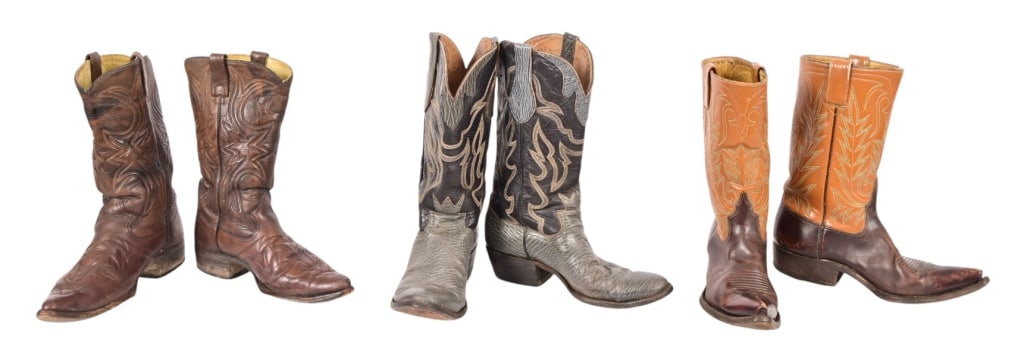3 Pair Men's Vintage Leather Cowboy Boots: 1-pair men's Crown Boot Company grey boots approximate size 8. 1- pair men's custom made brown boots with light brown tops boots approximate size 8 1/2. 1- pair Texas men's brown boots size 8D.
