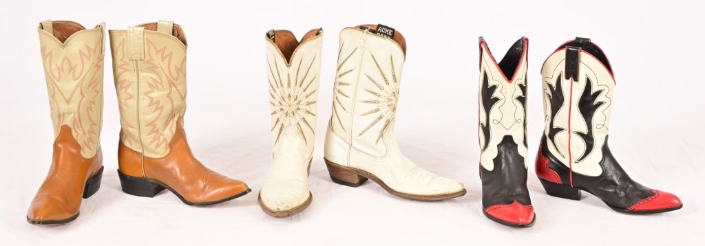 3 Pair Vintage Womens Boots: 1 pair brown/cream stiched Justins size 5C 1 pair black/red/white wing tip Justins size 51/5 M 1 pair white/gold Acme size 6 1/2 A